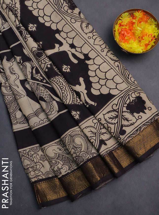 Kalamkari semi silk saree black and beige with allover prints and zari woven border