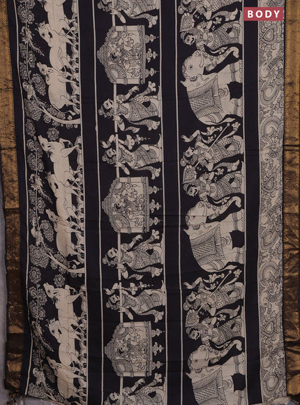 Kalamkari semi silk saree black and beige with allover prints and zari woven border