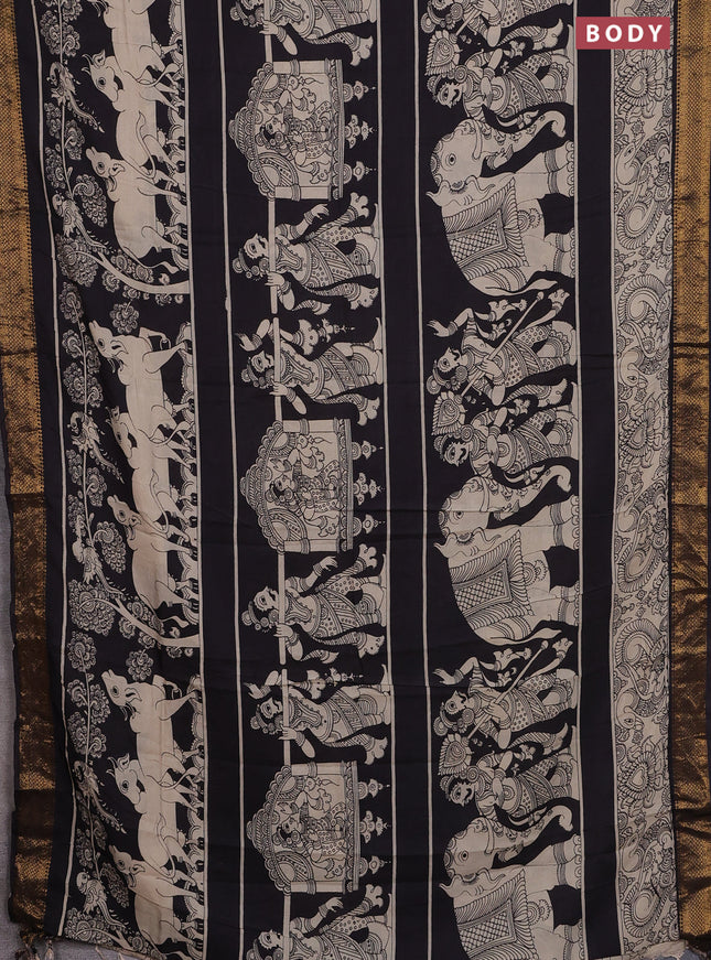 Kalamkari semi silk saree black and beige with allover prints and zari woven border