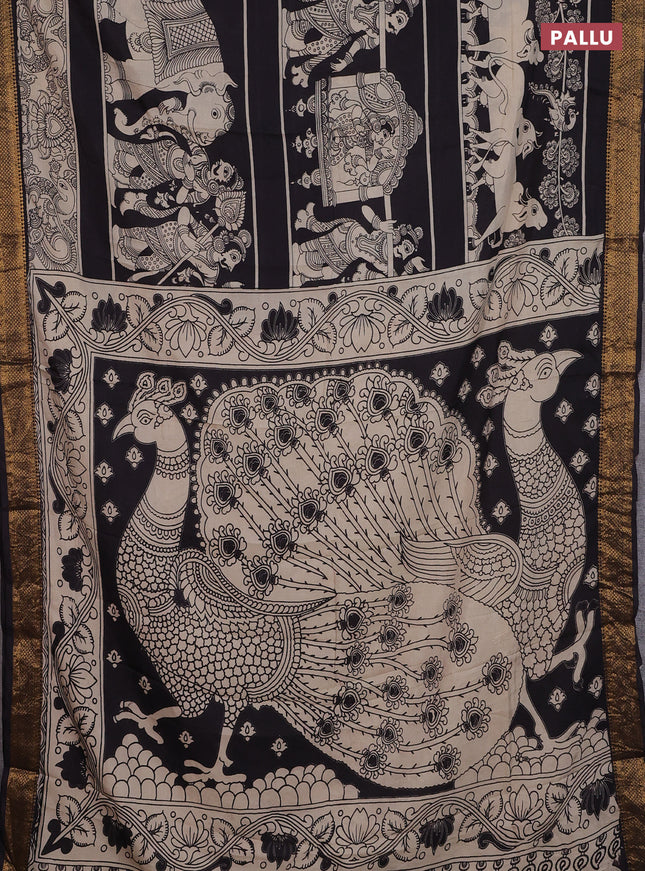 Kalamkari semi silk saree black and beige with allover prints and zari woven border