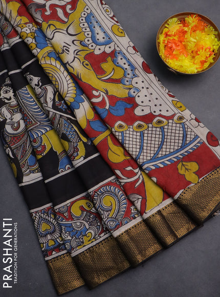 Kalamkari semi silk saree black and maroon with allover prints and zari woven border