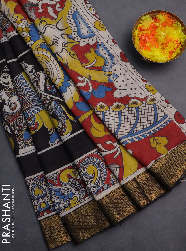 Kalamkari semi silk saree black and maroon with allover prints and zari woven border