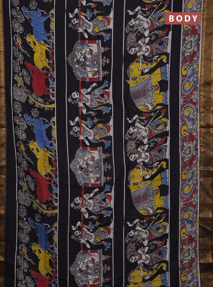 Kalamkari semi silk saree black and maroon with allover prints and zari woven border