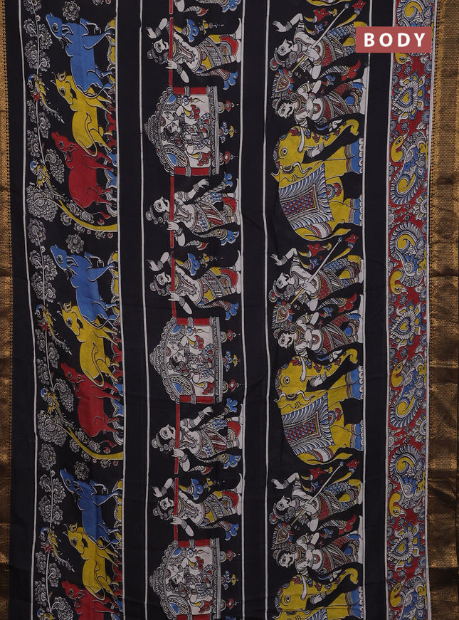 Kalamkari semi silk saree black and maroon with allover prints and zari woven border