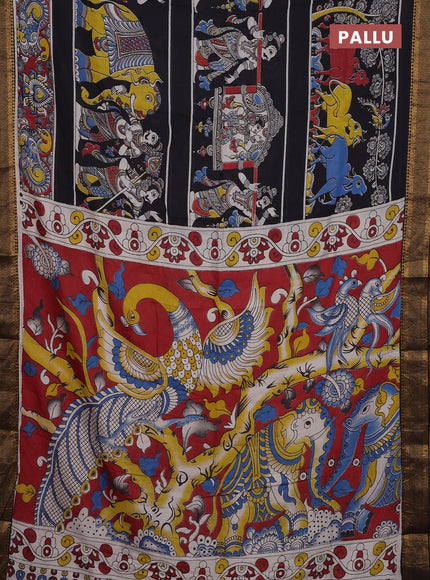 Kalamkari semi silk saree black and maroon with allover prints and zari woven border