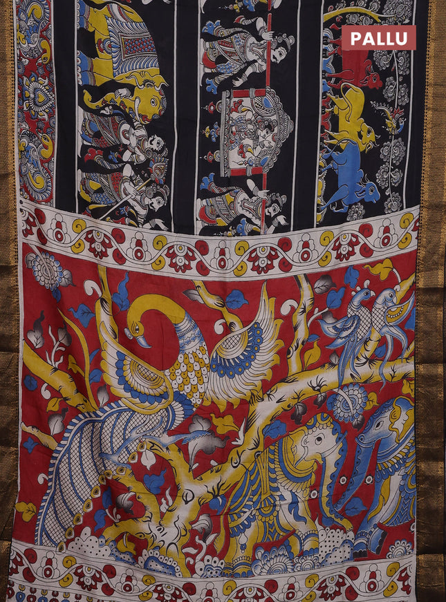 Kalamkari semi silk saree black and maroon with allover prints and zari woven border