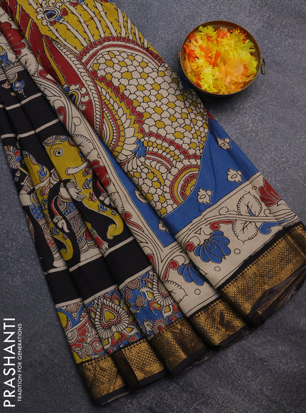 Kalamkari semi silk saree black and blue with allover prints and zari woven border