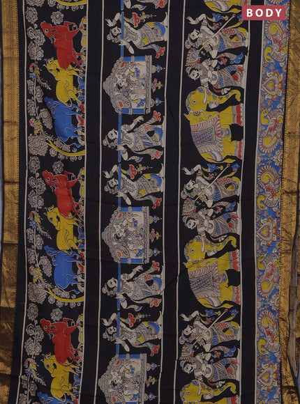 Kalamkari semi silk saree black and blue with allover prints and zari woven border