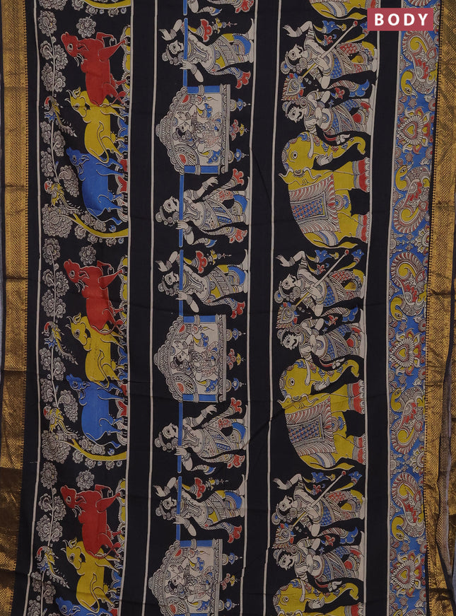 Kalamkari semi silk saree black and blue with allover prints and zari woven border