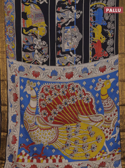 Kalamkari semi silk saree black and blue with allover prints and zari woven border
