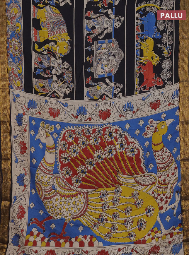 Kalamkari semi silk saree black and blue with allover prints and zari woven border