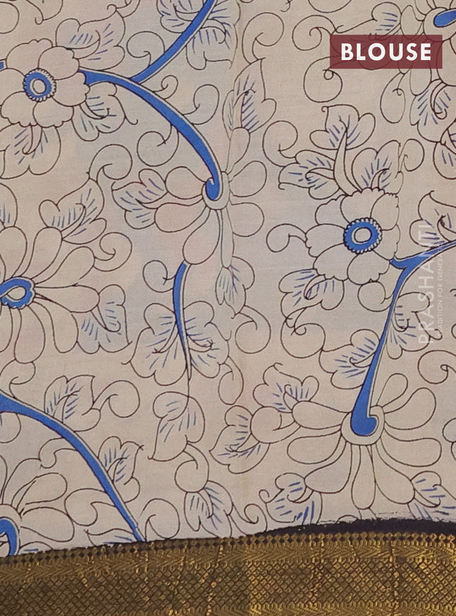 Kalamkari semi silk saree black and blue with allover prints and zari woven border