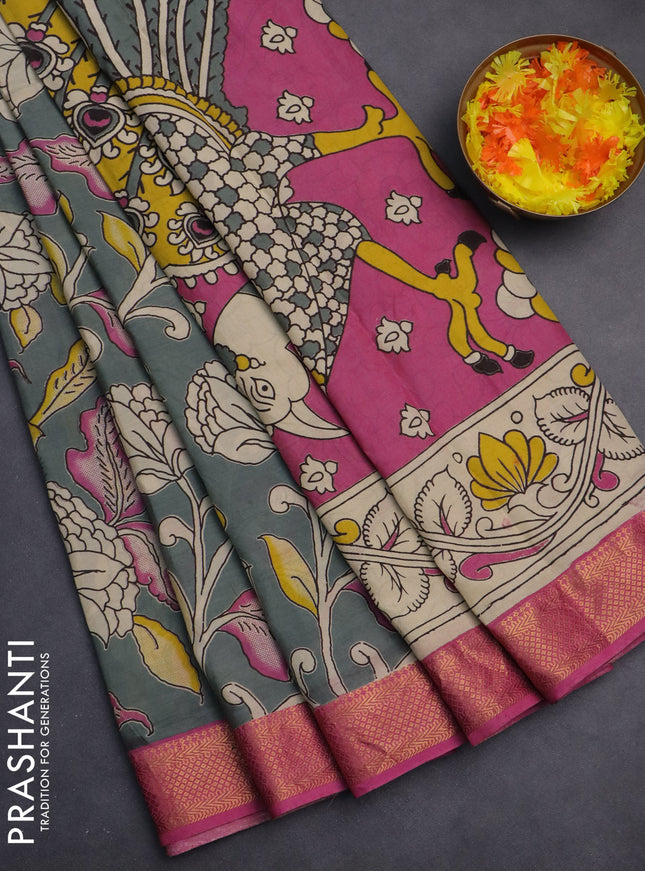 Kalamkari semi silk saree grey and pink with allover prints and zari woven border