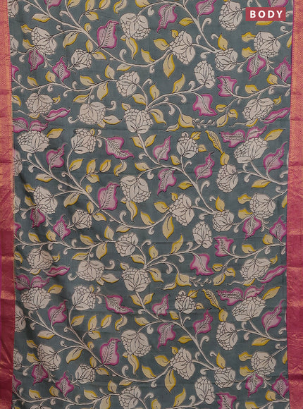 Kalamkari semi silk saree grey and pink with allover prints and zari woven border