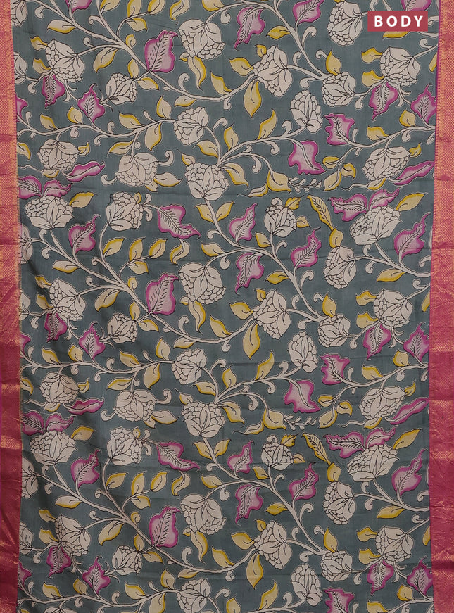 Kalamkari semi silk saree grey and pink with allover prints and zari woven border