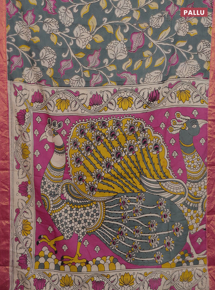Kalamkari semi silk saree grey and pink with allover prints and zari woven border