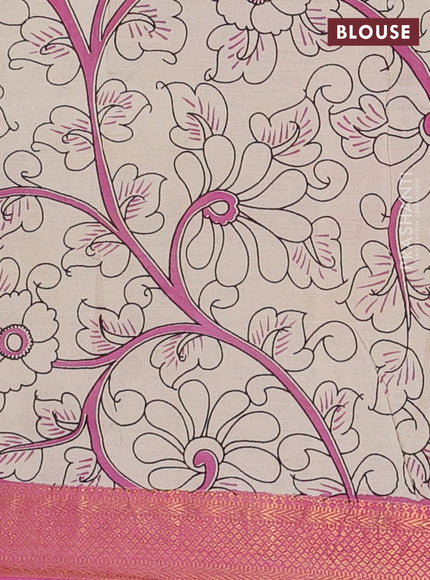 Kalamkari semi silk saree grey and pink with allover prints and zari woven border