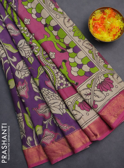 Kalamkari semi silk saree purple and pink with allover prints and zari woven border