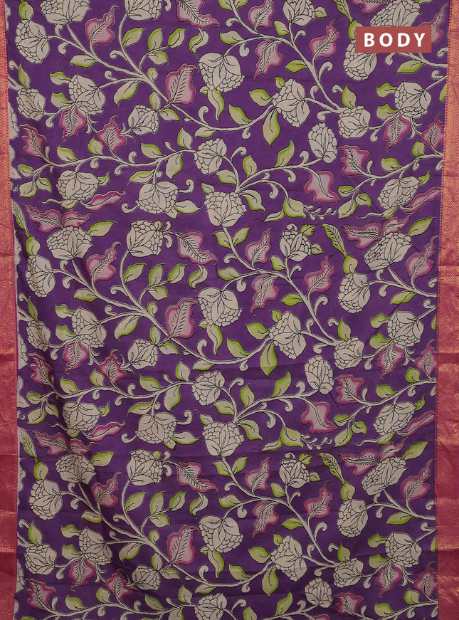 Kalamkari semi silk saree purple and pink with allover prints and zari woven border