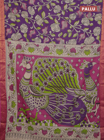 Kalamkari semi silk saree purple and pink with allover prints and zari woven border