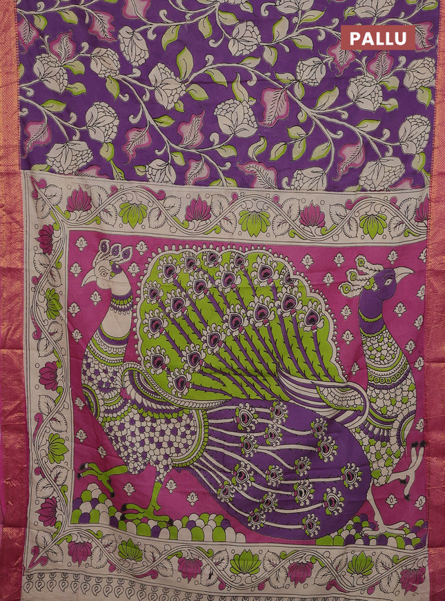 Kalamkari semi silk saree purple and pink with allover prints and zari woven border