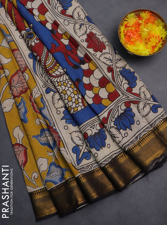Kalamkari semi silk saree mustard yellow and black with allover prints and zari woven border