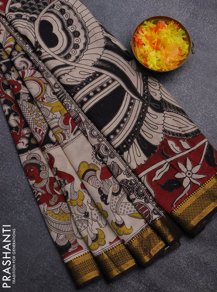 Kalamkari semi silk saree beige and black with allover prints and zari woven border