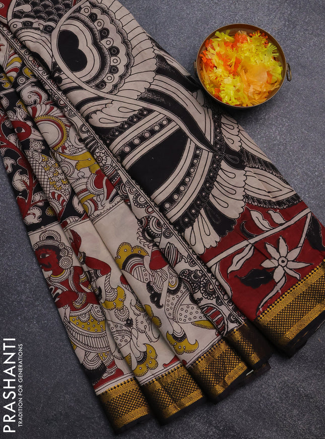 Kalamkari semi silk saree beige and black with allover prints and zari woven border