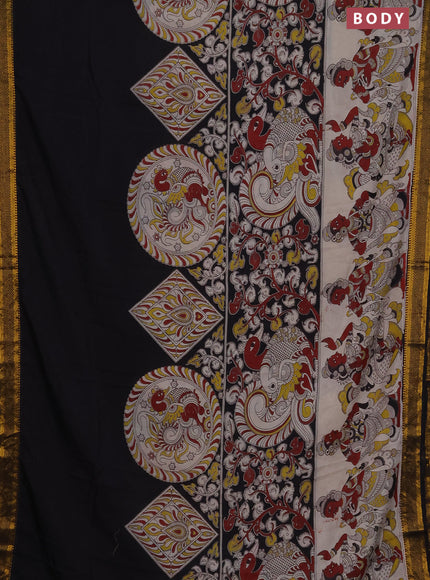 Kalamkari semi silk saree beige and black with allover prints and zari woven border