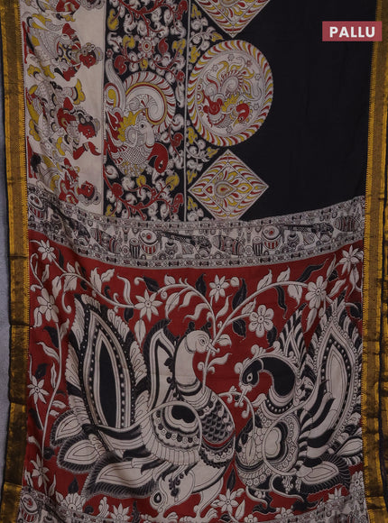 Kalamkari semi silk saree beige and black with allover prints and zari woven border