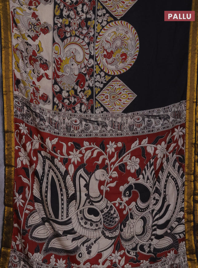 Kalamkari semi silk saree beige and black with allover prints and zari woven border