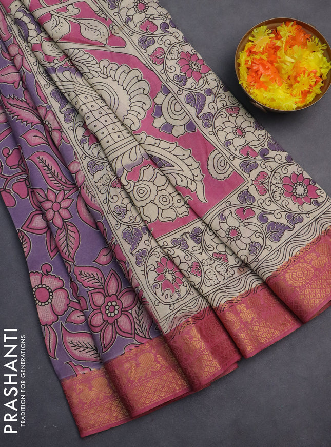 Kalamkari semi silk saree lavender shade and pink with allover prints and zari woven border