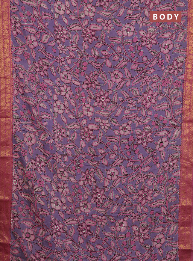 Kalamkari semi silk saree lavender shade and pink with allover prints and zari woven border