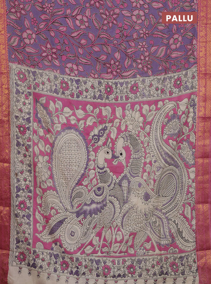 Kalamkari semi silk saree lavender shade and pink with allover prints and zari woven border