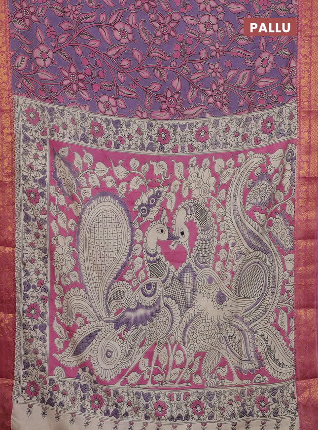 Kalamkari semi silk saree lavender shade and pink with allover prints and zari woven border