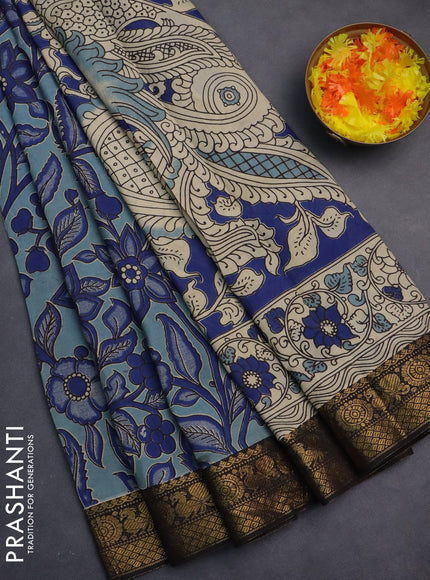 Kalamkari semi silk saree pastel blue and black with allover prints and zari woven border