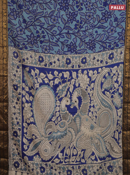 Kalamkari semi silk saree pastel blue and black with allover prints and zari woven border