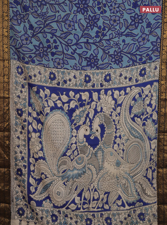 Kalamkari semi silk saree pastel blue and black with allover prints and zari woven border