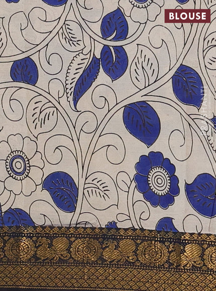 Kalamkari semi silk saree pastel blue and black with allover prints and zari woven border