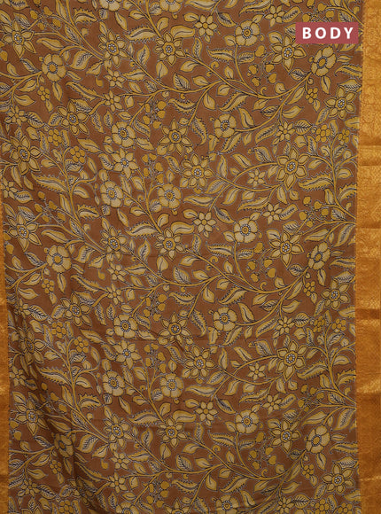 Kalamkari semi silk saree dark mustard and mustard yellow with allover prints and zari woven border