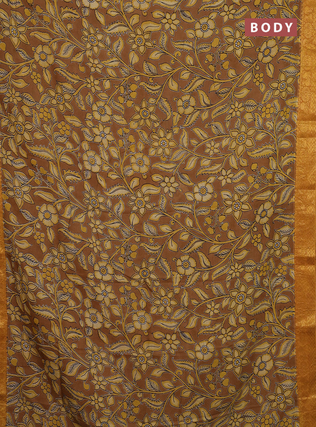 Kalamkari semi silk saree dark mustard and mustard yellow with allover prints and zari woven border