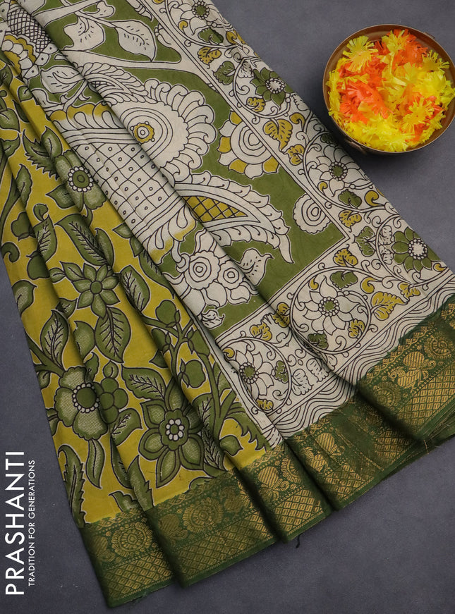 Kalamkari semi silk saree lime yellow and green with allover prints and zari woven border