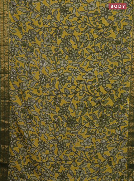 Kalamkari semi silk saree lime yellow and green with allover prints and zari woven border