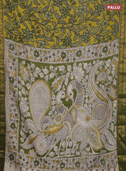 Kalamkari semi silk saree lime yellow and green with allover prints and zari woven border