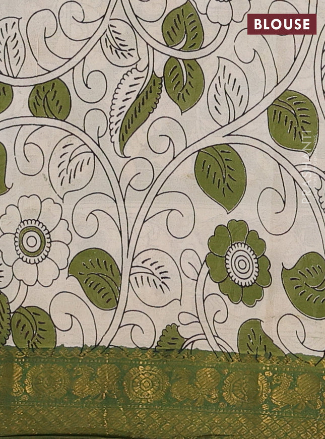 Kalamkari semi silk saree lime yellow and green with allover prints and zari woven border