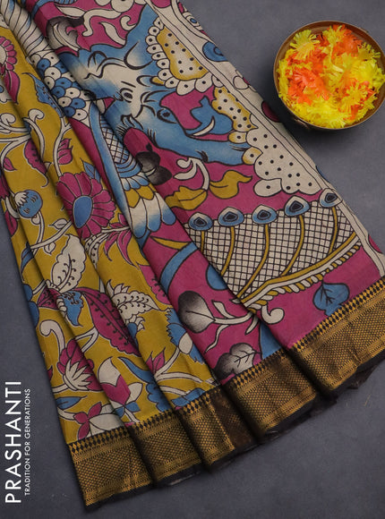 Kalamkari semi silk saree mustard yellow and black with allover prints and zari woven border