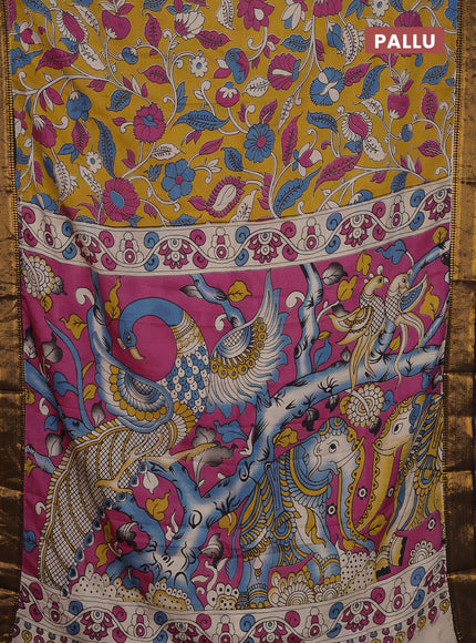 Kalamkari semi silk saree mustard yellow and black with allover prints and zari woven border