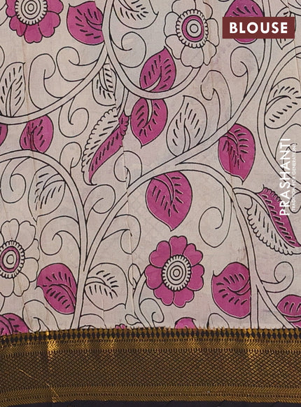 Kalamkari semi silk saree mustard yellow and black with allover prints and zari woven border