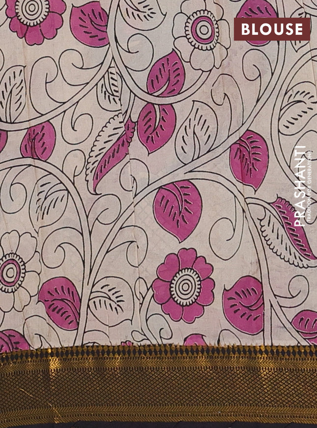 Kalamkari semi silk saree mustard yellow and black with allover prints and zari woven border