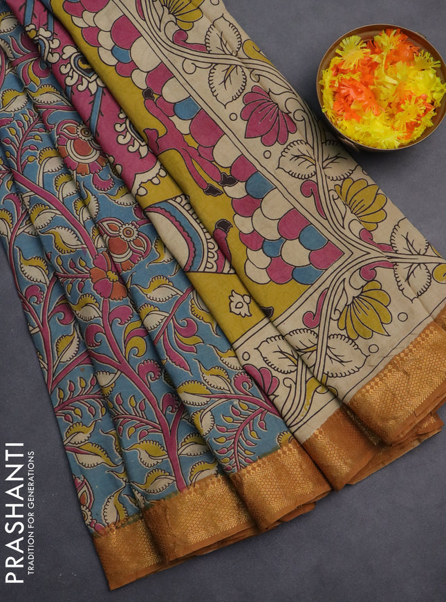 Kalamkari semi silk saree blue shade and mustard yellow with allover prints and zari woven border